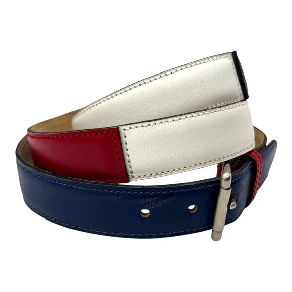 ALAIA Red White Blue Leather Color Block Thin Buckle Belt 70 US 28 Skinny 1.25" - Picture 5 of 14